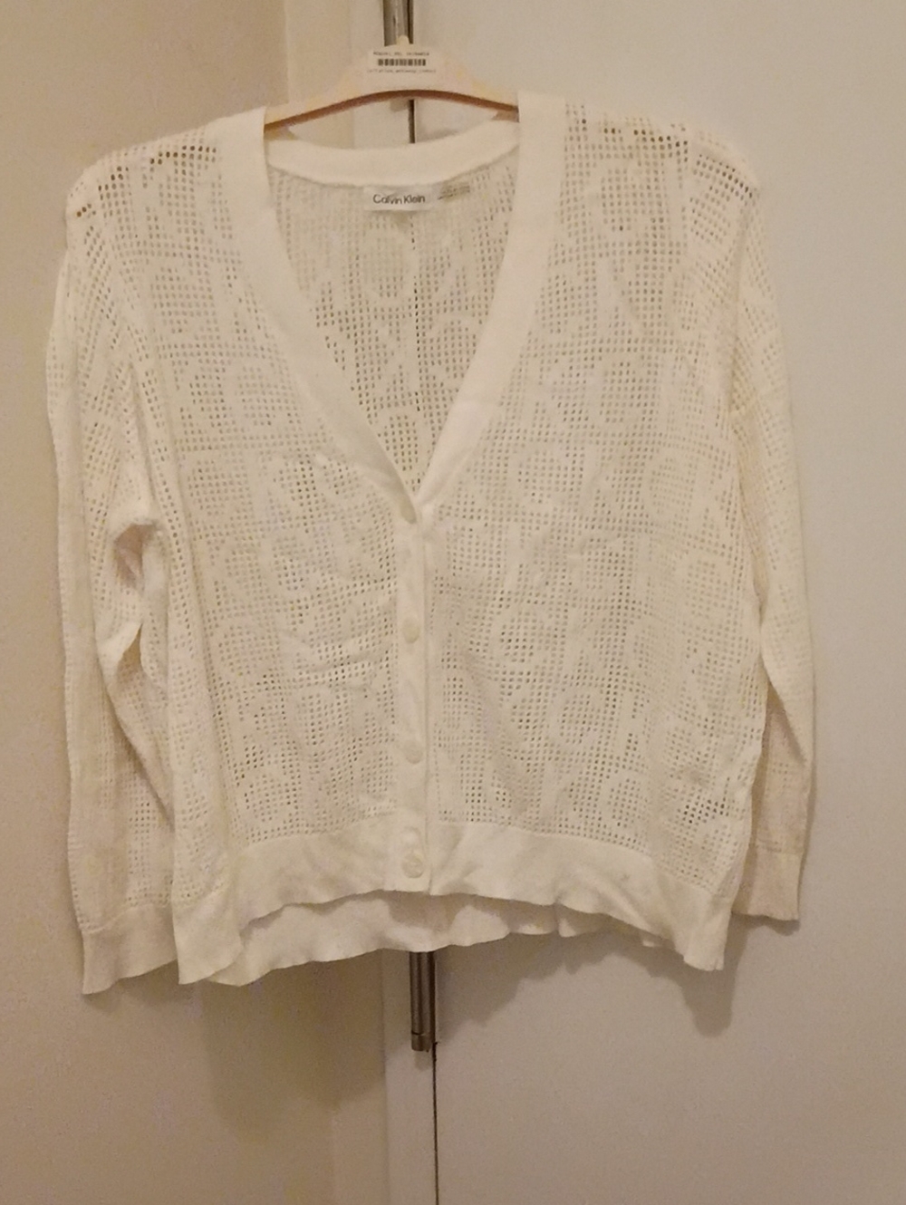 Calvin Klein Cream Open-Knit Button Cardigan